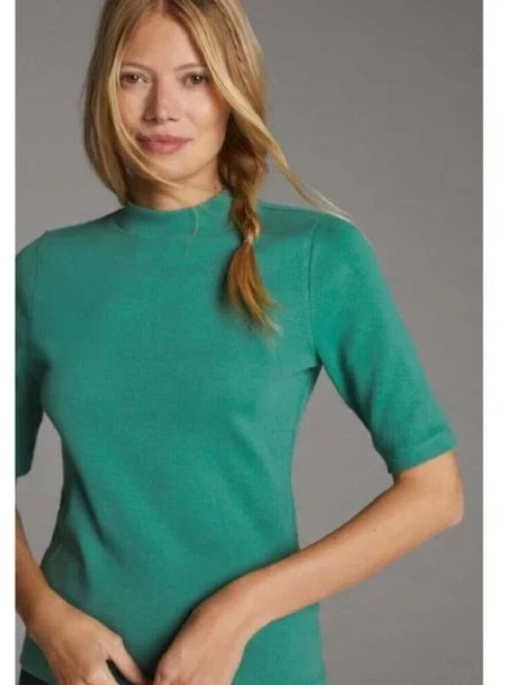 EUC ANTHROPOLOGIE Maeve Ribbed Mock Neck Top Tee S Green Elbow Sleeve